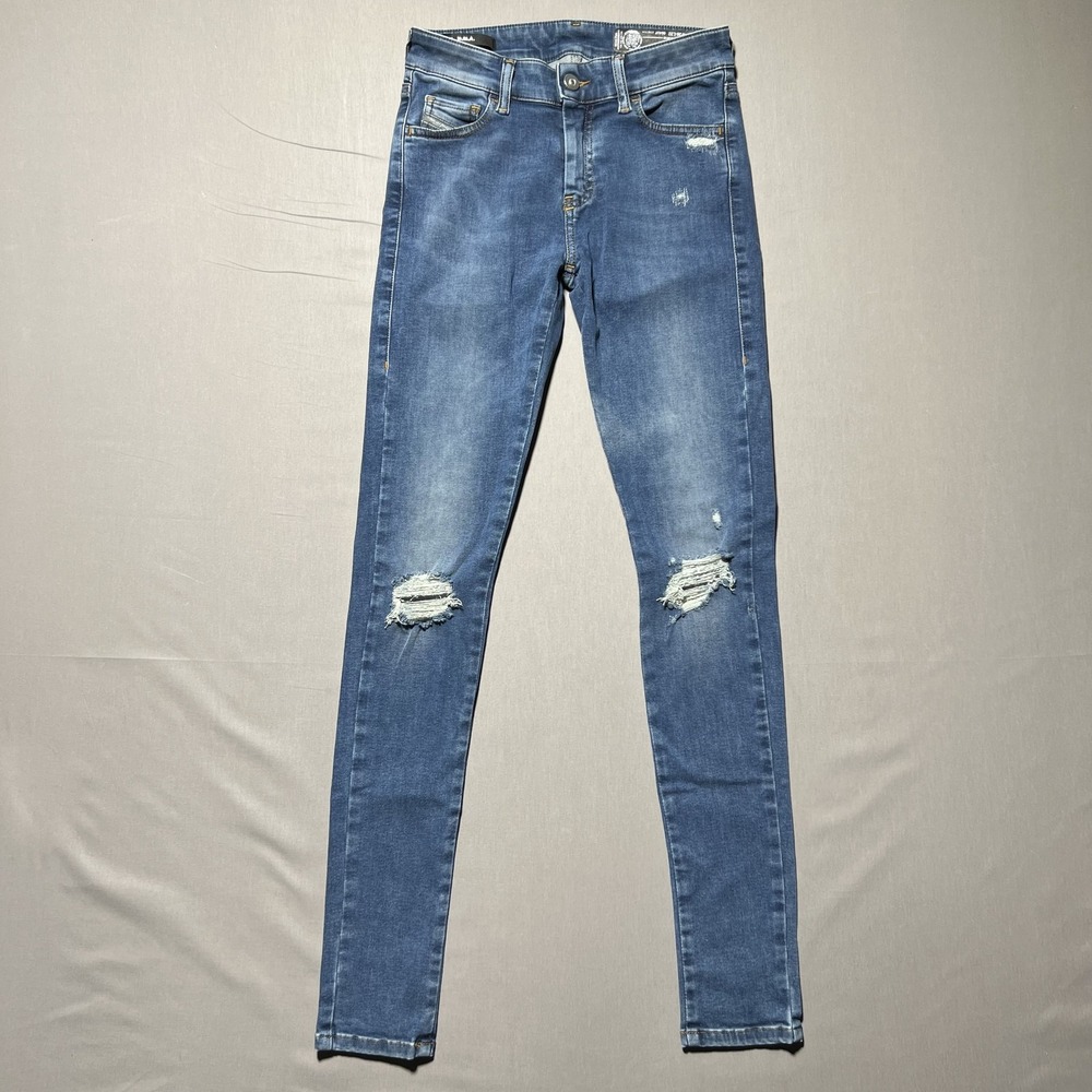 Diesel Slandy Women's Super Slim Skinny Regular Waist Distressed Blue Jean 25x30